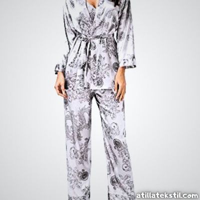 Gri renk parlak kadife saten kumaş gecelik dökümlü kadın pijama takımı
