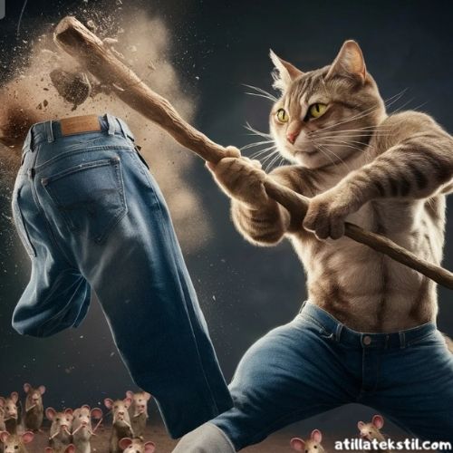 Kot kumaş yumuşatma teknikleri sopayla kot kumaş pantolona vur - Muscular cat hitting jeans with a stick. Dust comes out of jeans. Dozens of mice hit the cat's jeans with a stick.