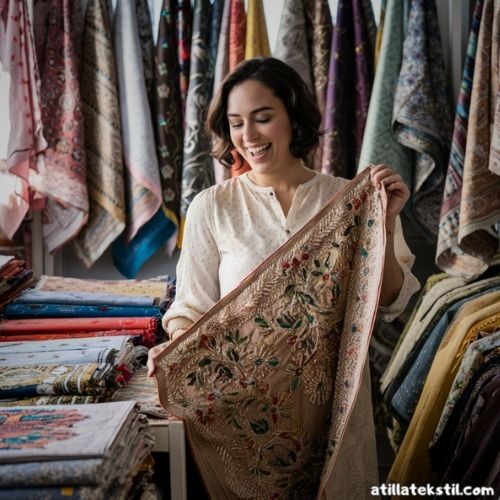Mira kumaş satın almış bir kadın müşteri kumaş satışı dükkanında elinde bürümcük kumaş modeline göz atıyor