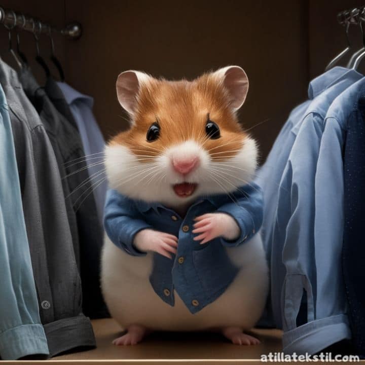 Üniformalık mavi renk poplin kumaş ceket giymiş Hamster fare sevimli. Yanında Kot kumaş ceketler ve polyester poplin kumaş gömlekler mevcut.