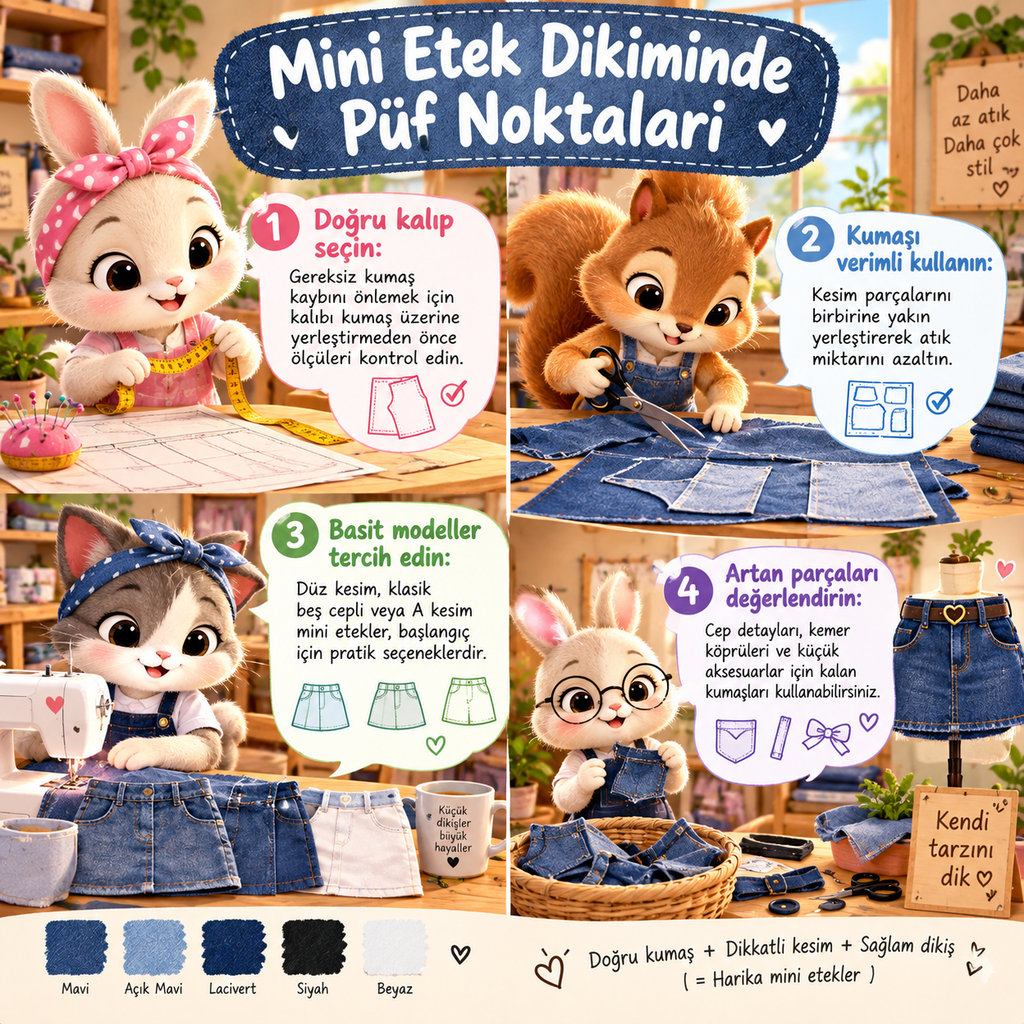 Sevimli tavşan ve sincap karakterlerinin kot mini etek diktiği, pastel renklerle tasarlanmış eğlenceli bir dikiş atölyesi infografiği. “Mini Etek Dikiminde Püf Noktaları” başlığı altında doğru kalıp seçimi, kumaşı verimli kullanma, basit modeller tercih etme ve artan kumaş parçalarını değerlendirme konuları anlatılıyor. Görselin alt kısmında mavi, açık mavi, lacivert, siyah ve beyaz kot kumaş örnekleri yer alıyor.