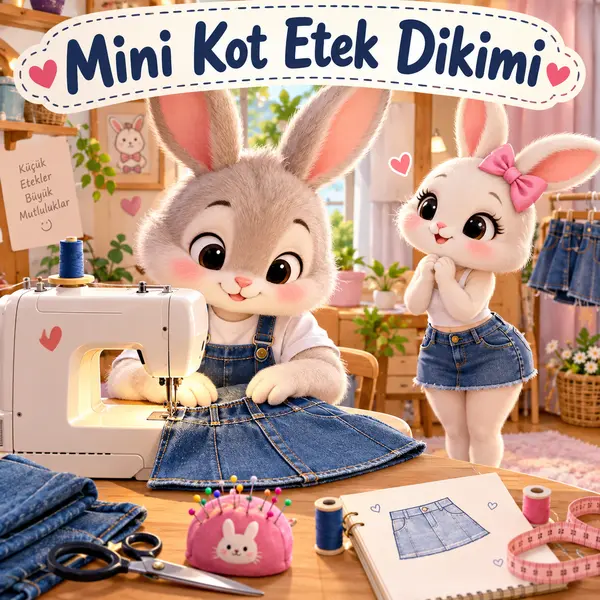 Sıcak ve sevimli bir dikiş atölyesinde, dikiş makinesiyle, ucuza satın aldığı mavi kot mini etek diken tatlı bir tavşan ve yanında pembe fiyonklu, kot mini etek giymiş tavşan eşi. Masada kot kumaşlar, makas, renkli iplikler ve etek çizimleri bulunuyor. Görselin üst kısmında “Mini Kot Etek Dikimi” başlığı yer alıyor.