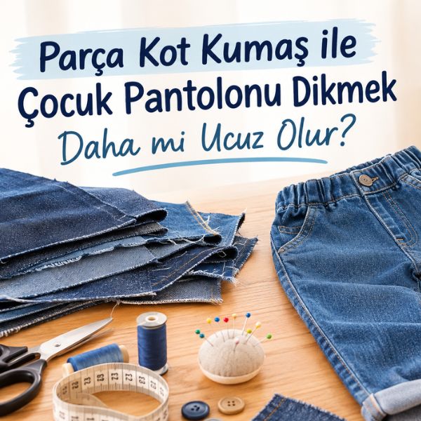 Parça kot kumaş ile çocuk pantolonu dikimi, uygun fiyatlı kot kumaş parçaları, çocuk kot pantolonu dikiş fikirleri, kumaş tasarrufu ve evde pantolon dikme maliyetleri hakkında rehber. Kot kumaş parçaları, dikiş makinesi, çocuk kot pantolonu ve dikiş malzemeleriyle ekonomik çocuk giyimi hazırlama görseli