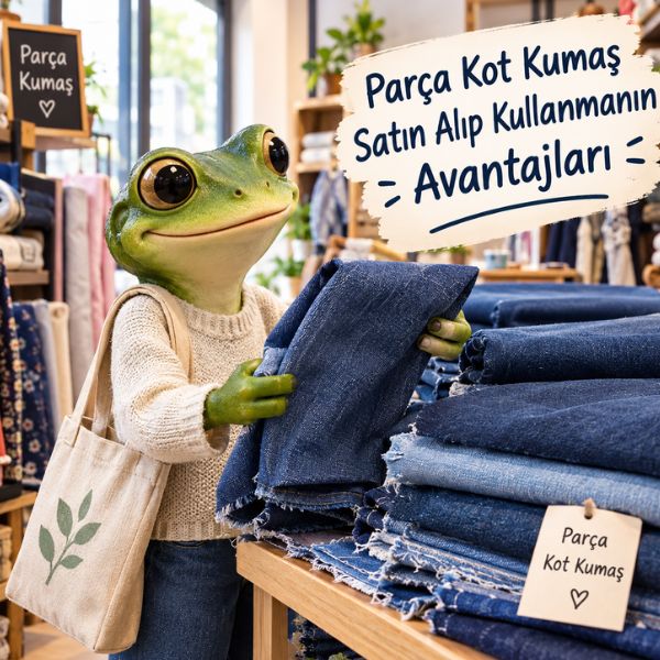 Parça kot kumaş toptan satın alma avantajları, kurbağanın parça kumaş satan bir yerden denim kumaş seçip satın alması, uygun fiyatlı kot kumaş alımı ve ekonomik kumaş alışverişi görseli